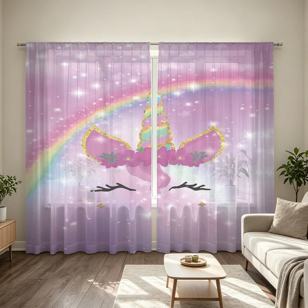 2Pcs Starry Rainbow Floral Unicorn Rod Pocket Curtains Light Blocking Privacy Window Curtains For Bedroom Living Room Dreamy