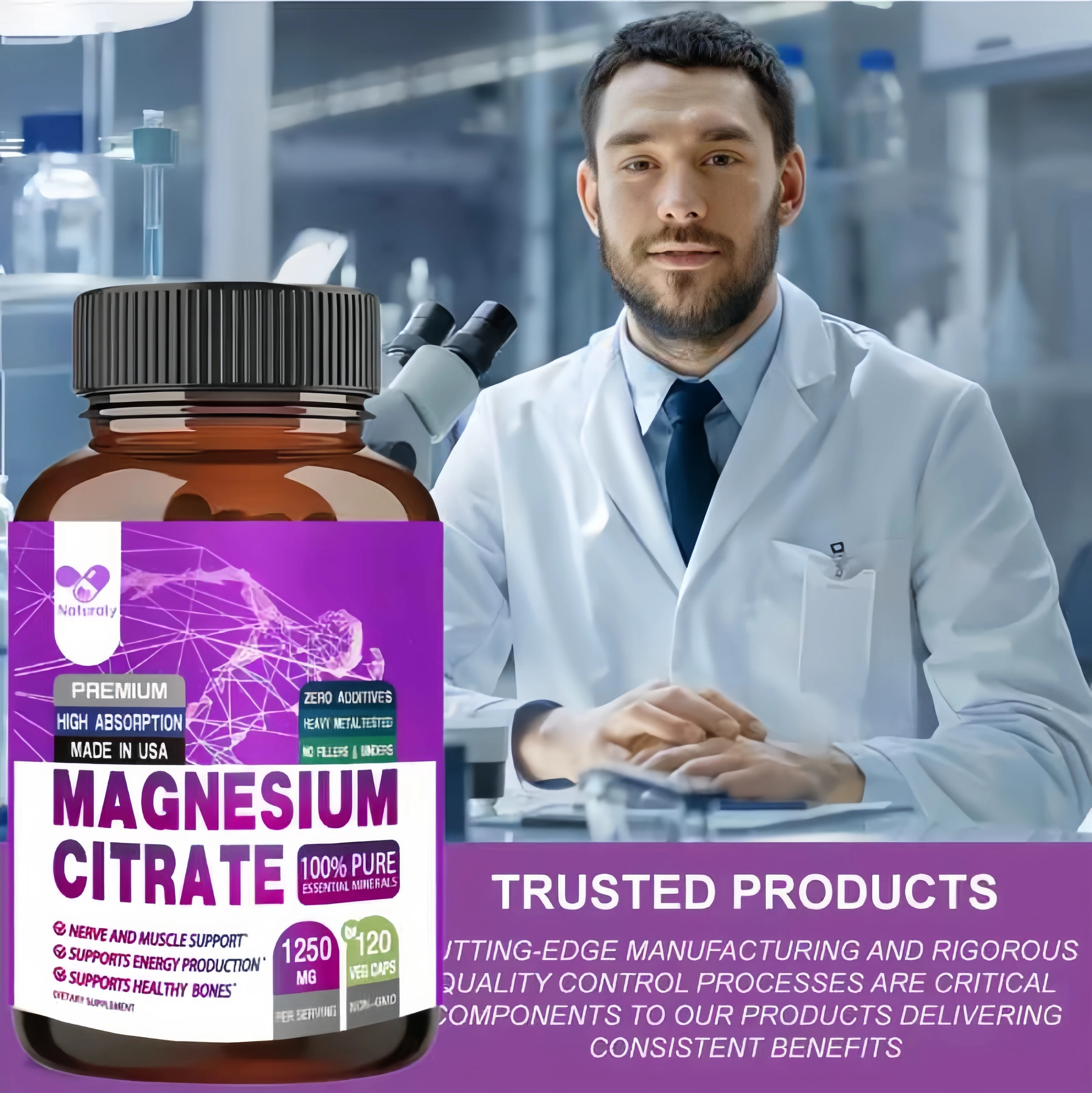 Magnesium Citrate 1250 Mg - Easily Absorbed, Purified Trace Mineral - Muscle, Nerve and Energy Support, Non-GMO