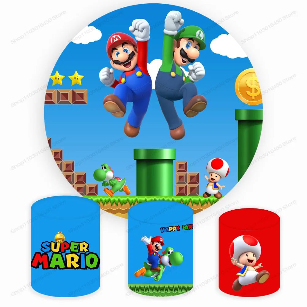 Super Mario Brothers Round Backdrop Elastic Circle For Baby Shower Game Birthday Party Background Cylinder Decoration Props