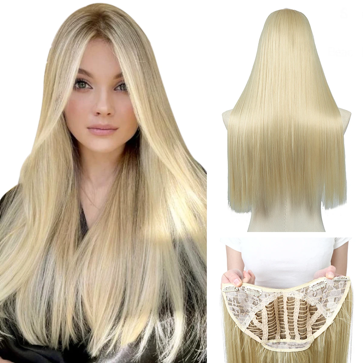 Long Premium Synthetic Straight U Part Clip in Hair Extension Clip-on Daily Use Natural Thick Fake Blonde Hairpieces For Woman