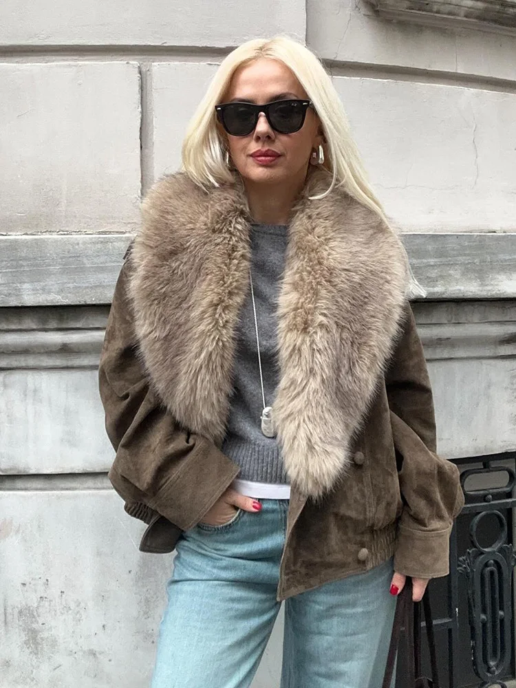 

HH Women Fashion Double Breasted Pocket Decoration Short Coat Faux Fur Collared Casual Long Sleeves Jacket Female Street Coat