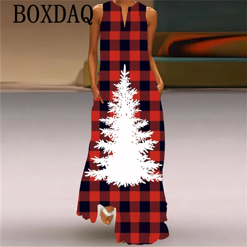 Robe longue de fête de Noël pour femmes, robe maxi à col en V, bloc de documents, impression d'arbre de Noël de dessin animé, vêtements féminins