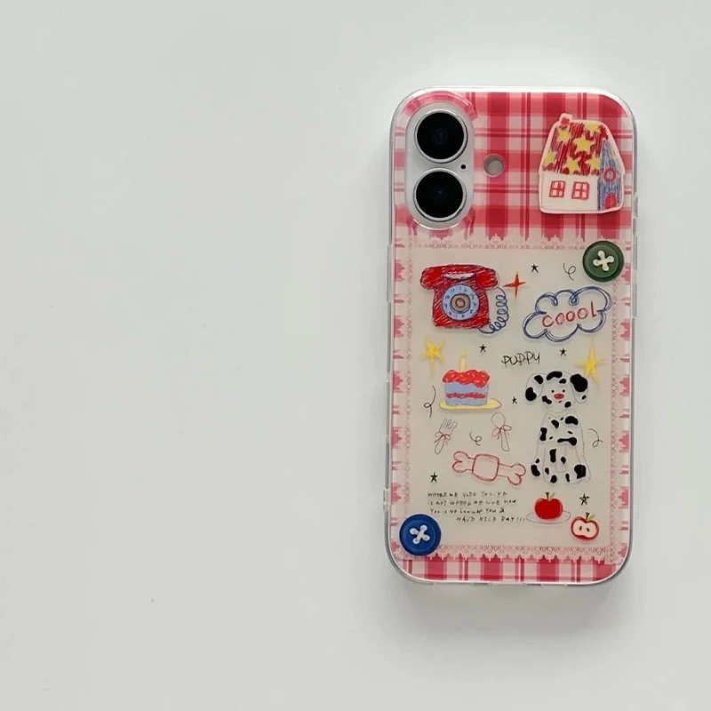 Korean Ins Light Asian Wind Red Plaid Spotted Dog Phone Case For iPhone 17 Air 16 15 14 13 12 11Pro Max Plus Y2k Anti Fall Cover view 3