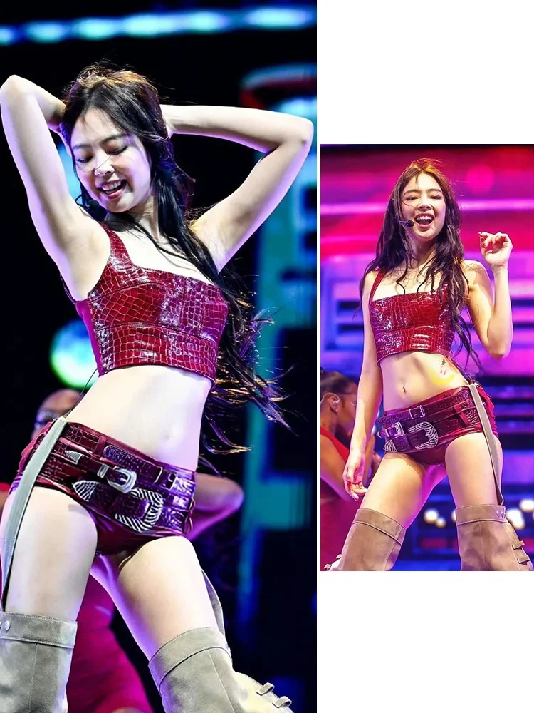  Jennie Inspired Jazz Hells Dance Performance Costume Korean Style Stage Performance Suit Summer New Arrival PU Mate...