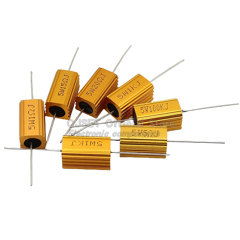 ตัวต้านทานกำลังสูงแบบอลูมิเนียมเคลือบทอง 1 ชิ้น รุ่น RX24-5W ค่าความต้านทาน 0.1R 1R 2 3 4 5 6 8 10 20 47 100 150 200 300 470 โอห์ม 1K โอห์ม 10K 100K โอห์ม