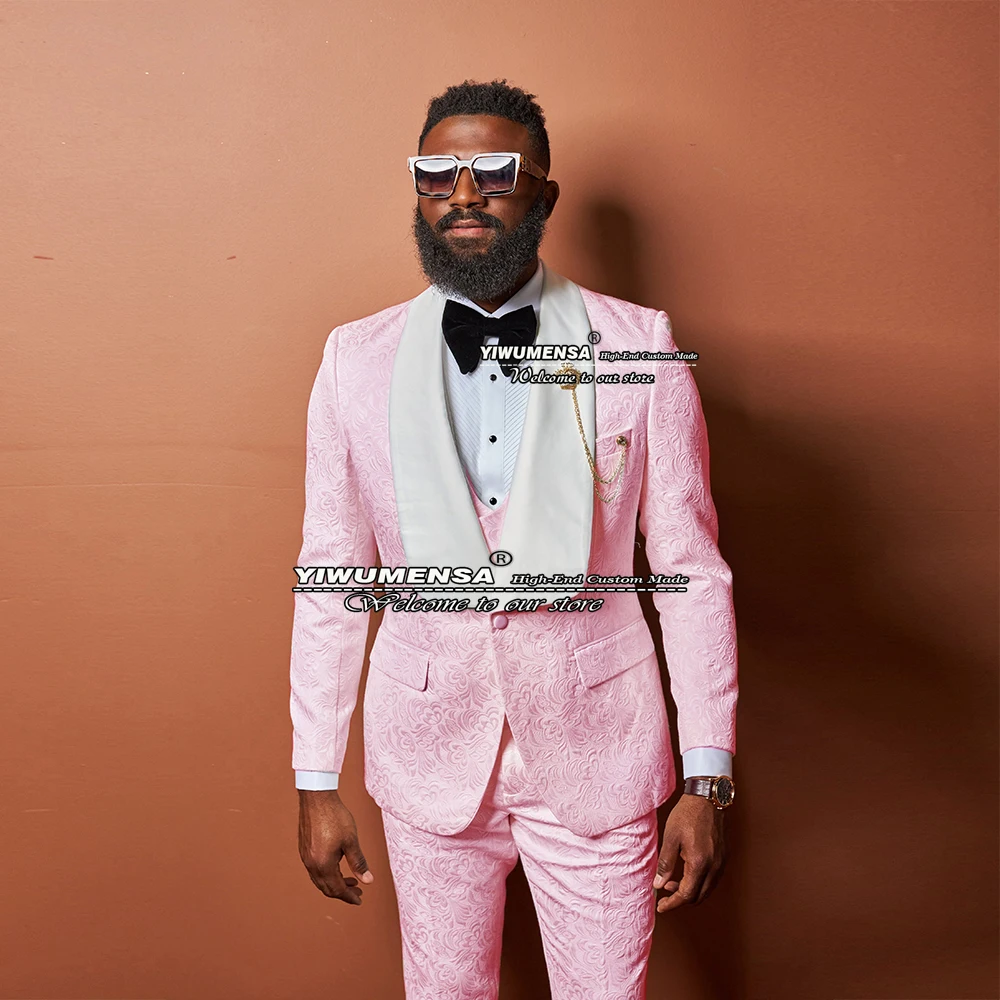 

Formal Wedding Suits For Men Pink Jacquard Trajes De Hombre Boda 2022 Prom Party Buesiness Blazer Masculino Jacket+Vest+Pants