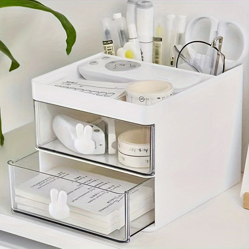 1pc Transparent Drawer Rabbit Handle Storage Box, Desk Office Stationery, Cosmetics, Eyebrow Pencil Brush, Glasses, Jewelry view 5