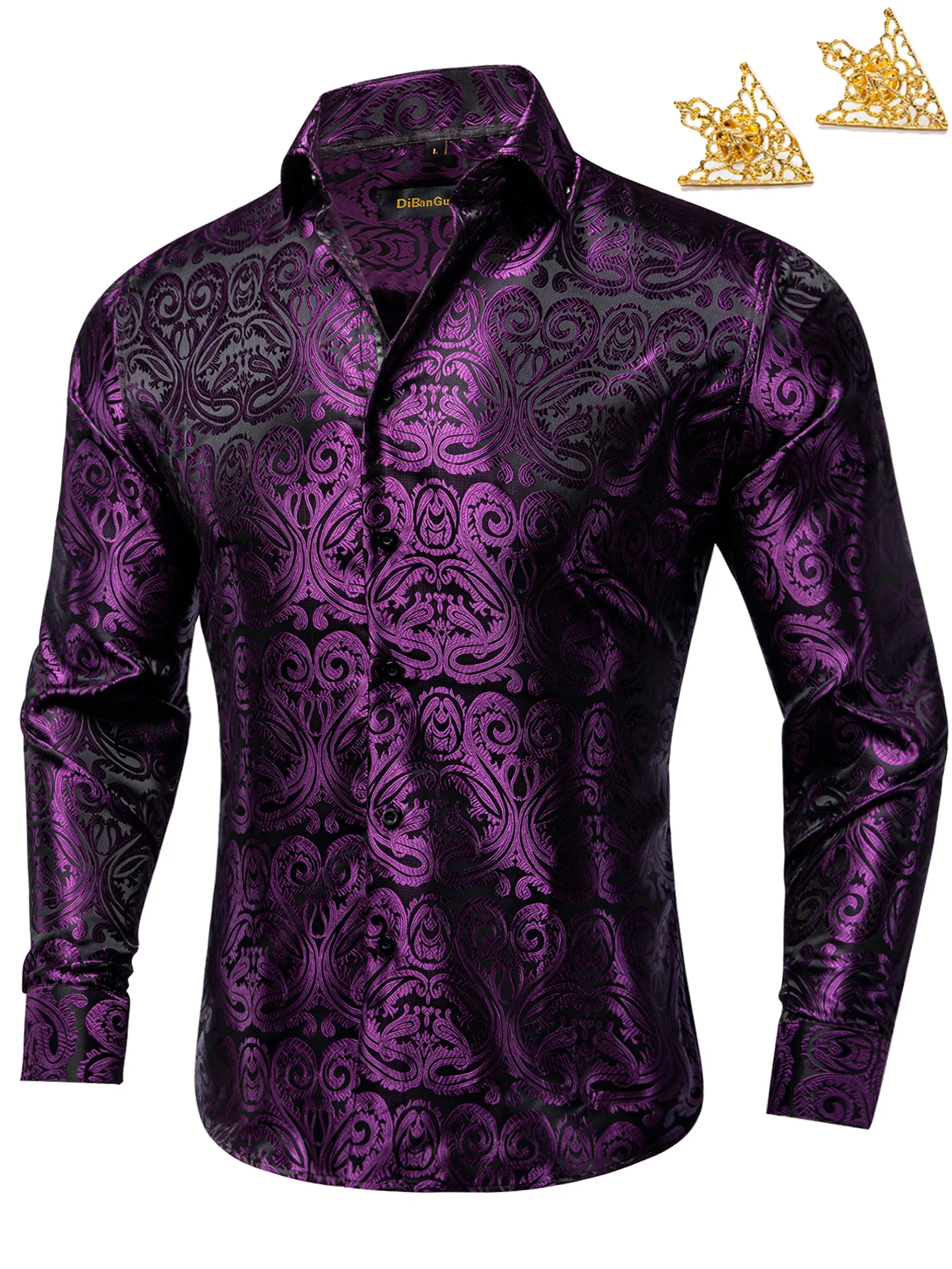Paisley Pattern Dress Shirt for Men, Multi Color Long Sleeve Slim Fit Floral Print Shirt with Collar Pin for Wedding