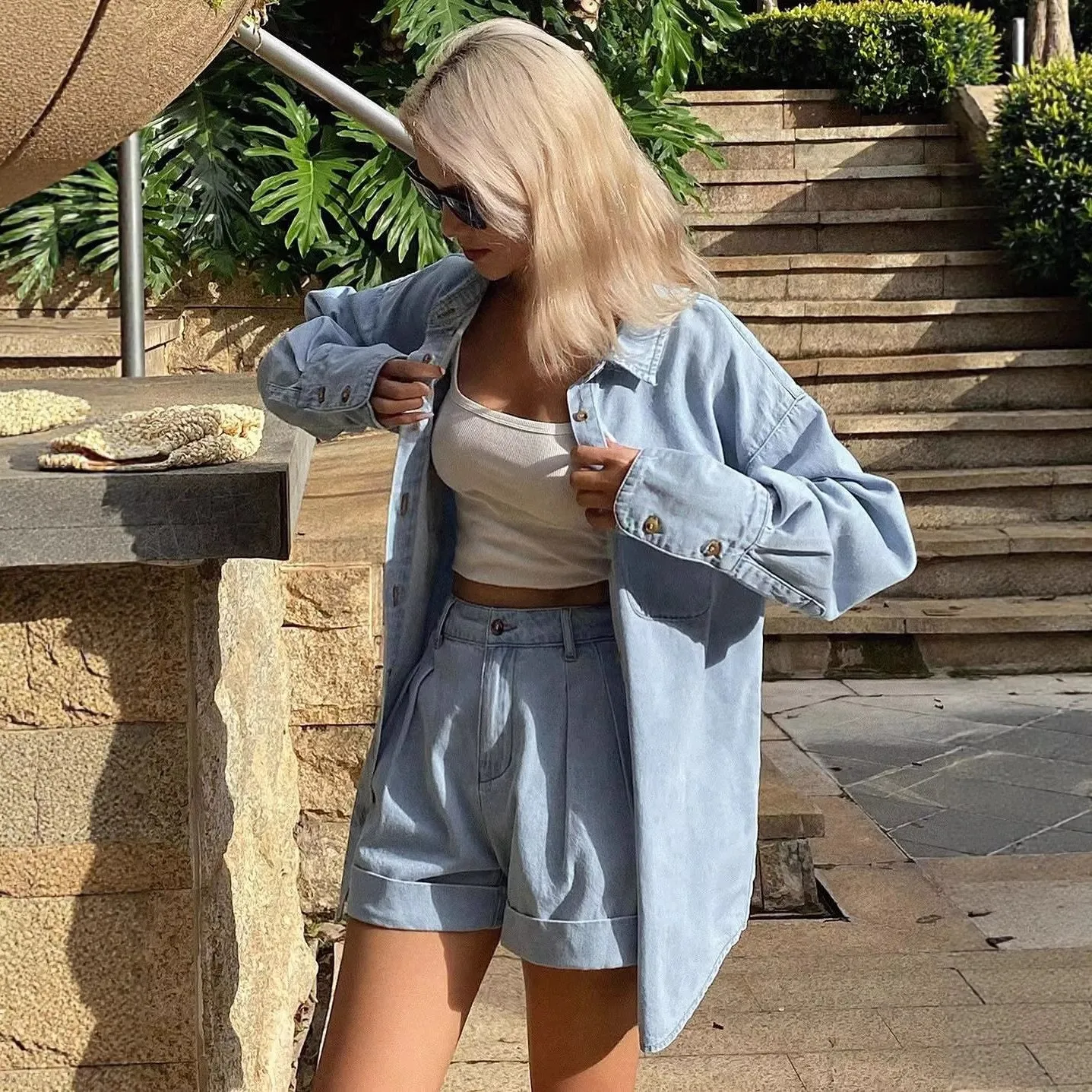 Casual Set Pocket European and American Style with Long Sleeve Capri Pants Spring Streetwear Washed Edgy Street Women Shorts