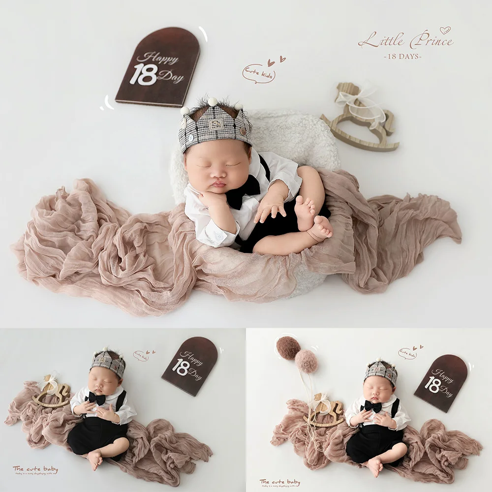 

Infant Milestone Photography Props Baby Boy Gentleman Outfit Crown Headband Yarn Balloon/Bear Prop Studio Baby Shoot Accessories