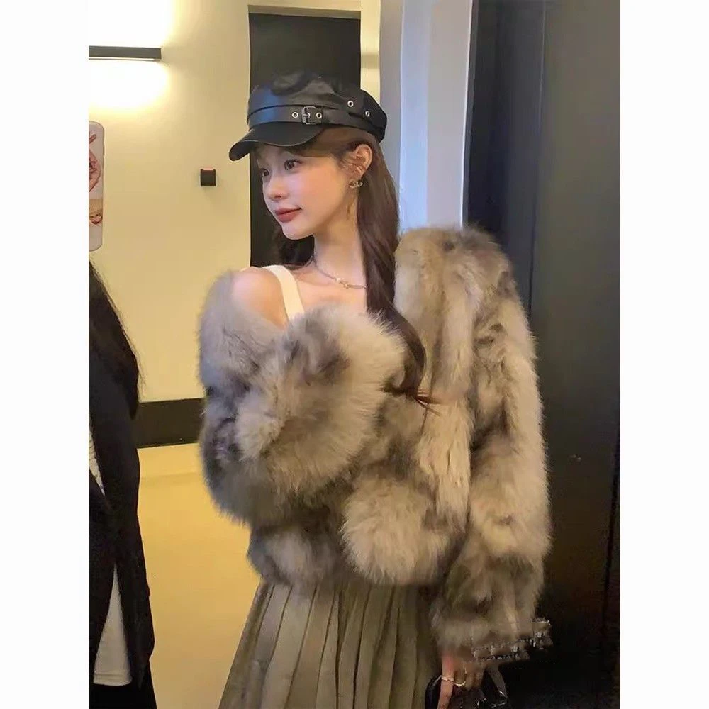 2025 Women Long Sleeves Fur Outwear Autumn Winter Ladies High-end Stand Collar Faux Fur Coat Korean Female Fashion Plush Jacket