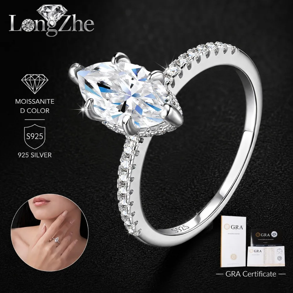 S925 Sterling Silver Moissanite Ring 2.234CT 6x12mm Marquise Cut Prong Set Pave Crossover Band Wedding Gift for Women
