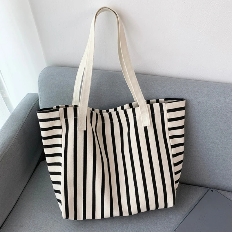 Simple Stripe Women\'s Canvas Shoulder Bag Large Capacity Ladies Travel Tote Handbags College Girls Eco Reusable Shopping Bags