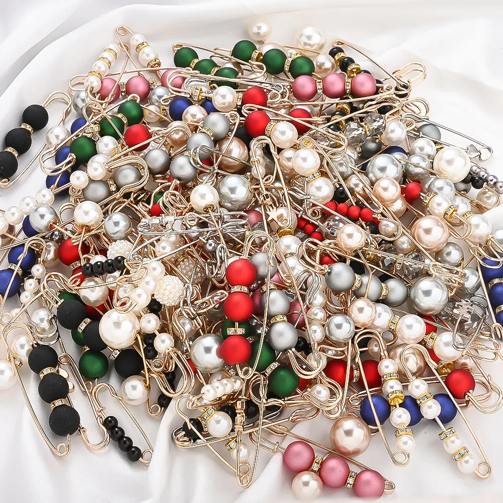 7-17PCS Iron Artificial Pearl Safety Pins Set, 12‑76mm Random Style Brooch Pins,for Clothing Decor Scarf Sweater DIY Jewelry