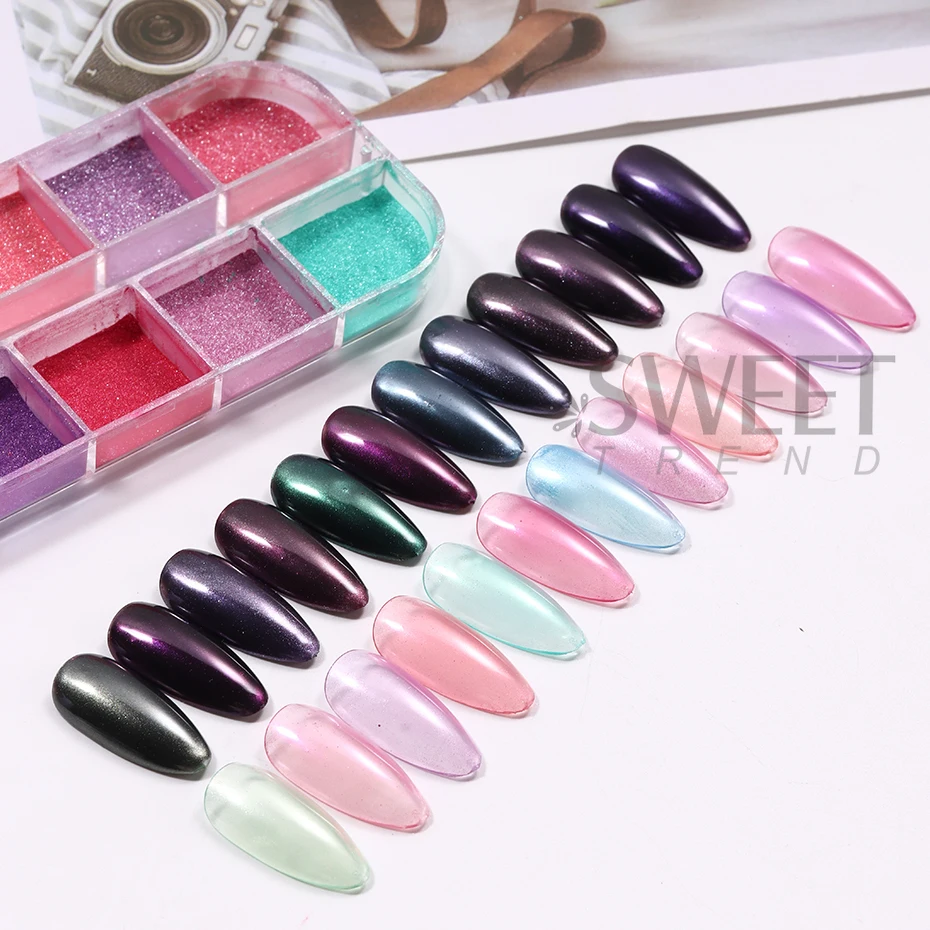 12 شبكة مرآة ملونة الأظافر بريق مسحوق النيون تأثير الكروم الصباغ أورورا فرك الغبار بصيص مانيكير اكسسوارات الديكور فلاش