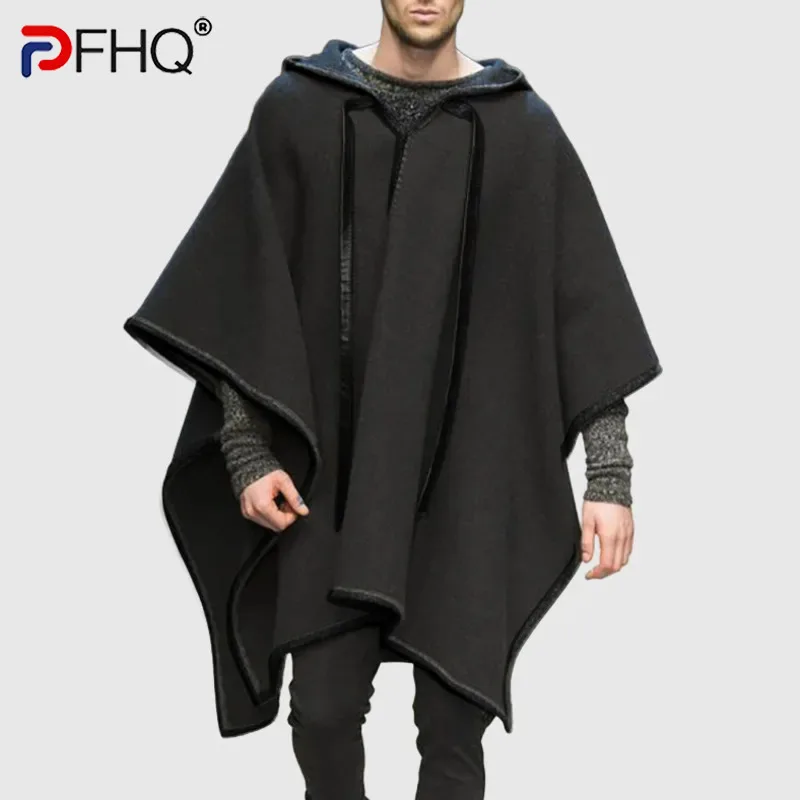 PFHQ Men's Cloak Shawl Woolen Coat Trend 2025 Spring Solid Color Long Sleeve Casual Male Tops New Fashion 21X456