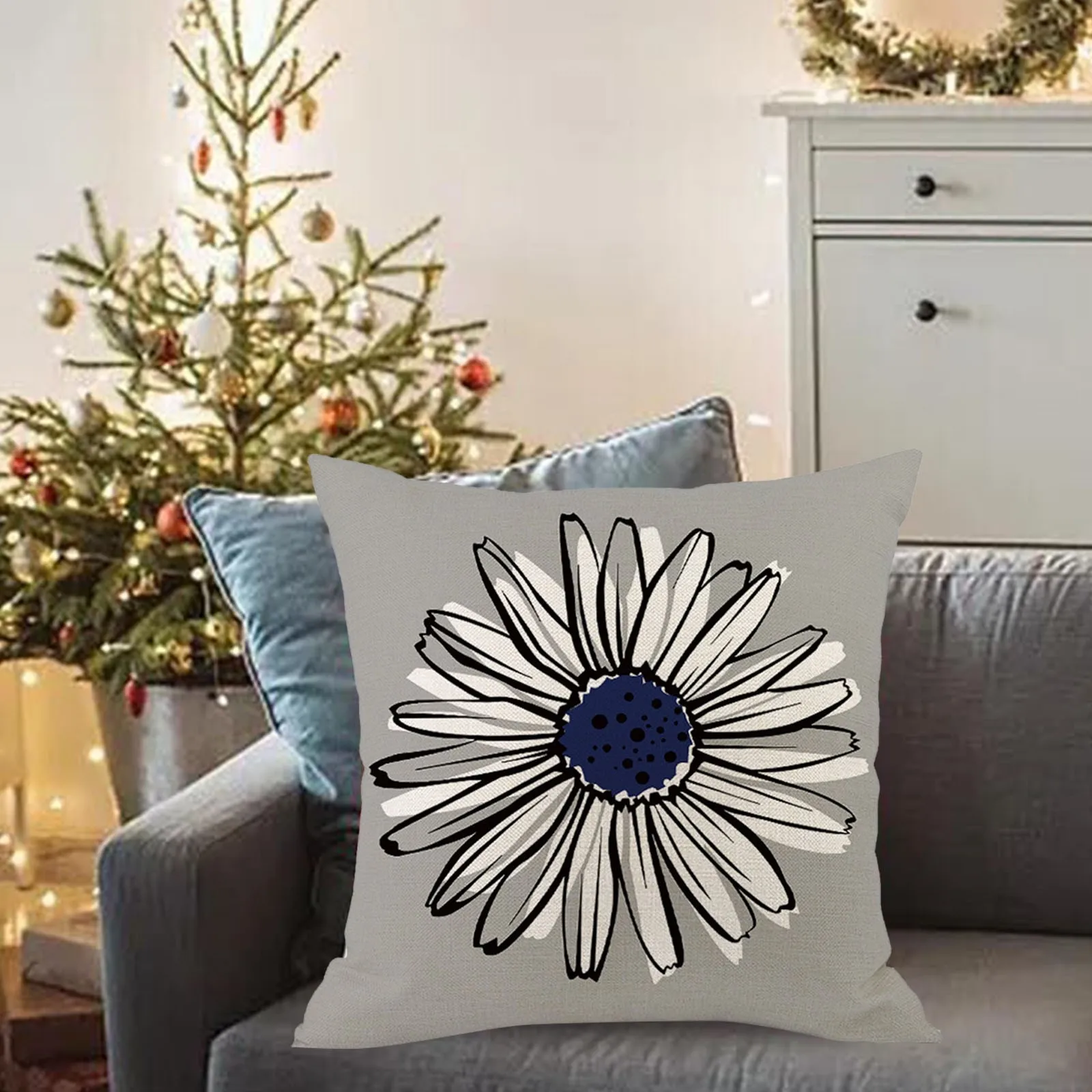 Blue Floral Pillowcase Living Room Sofa Bed Home Decor Outdoor Waterproof Upholstery Cushions Sofa Modern Daisy Pillowcases