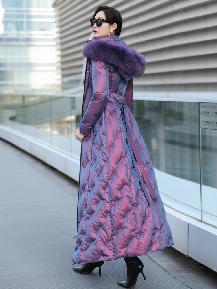 Chaqueta de plumón ultralarga para mujer, abrigo de plumón de pato blanco y morado brillante, de lujo, de gama alta, con cuello de piel auténtica,