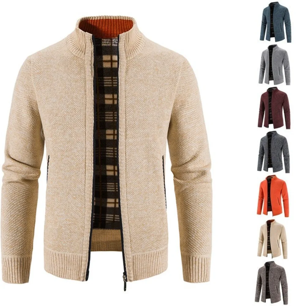 

Men's Autumn and Winter Cardigan Zipper Sweater Velvet Stand Collar Jacket Men's Loose Knitted Sweater Jacket Top Men