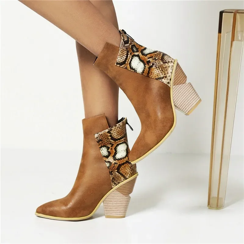 Brown Blue Cowboy Ankle Boots Women Western High Wedge Heels Light Dress Ladies Winter PU Leather Pointed Toe Zipper Short Botas