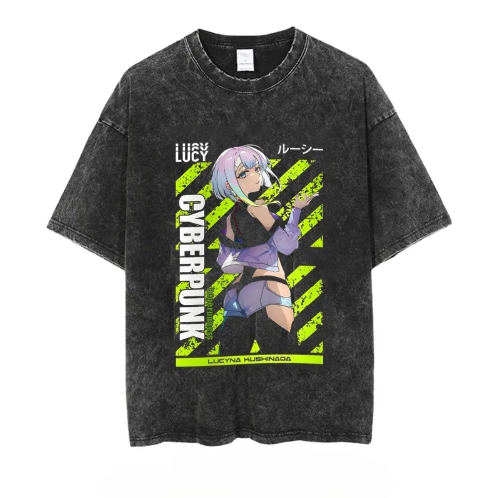 25 Herren-T-Shirt, Cyberpunk, Rebecca-Druck, lässig, Vintage, gewaschen, kurzärmelig, Anime, Sommer, Damen, übergroß, Fitnessstudio, Harajuku, Top
