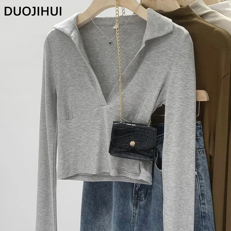 DUOJIHUI Grey Sexy V-neck Slim Knitting Women T-shirts New Long Sleeve Fashion Casual Solid Color Simple Autumn Female T-shirts