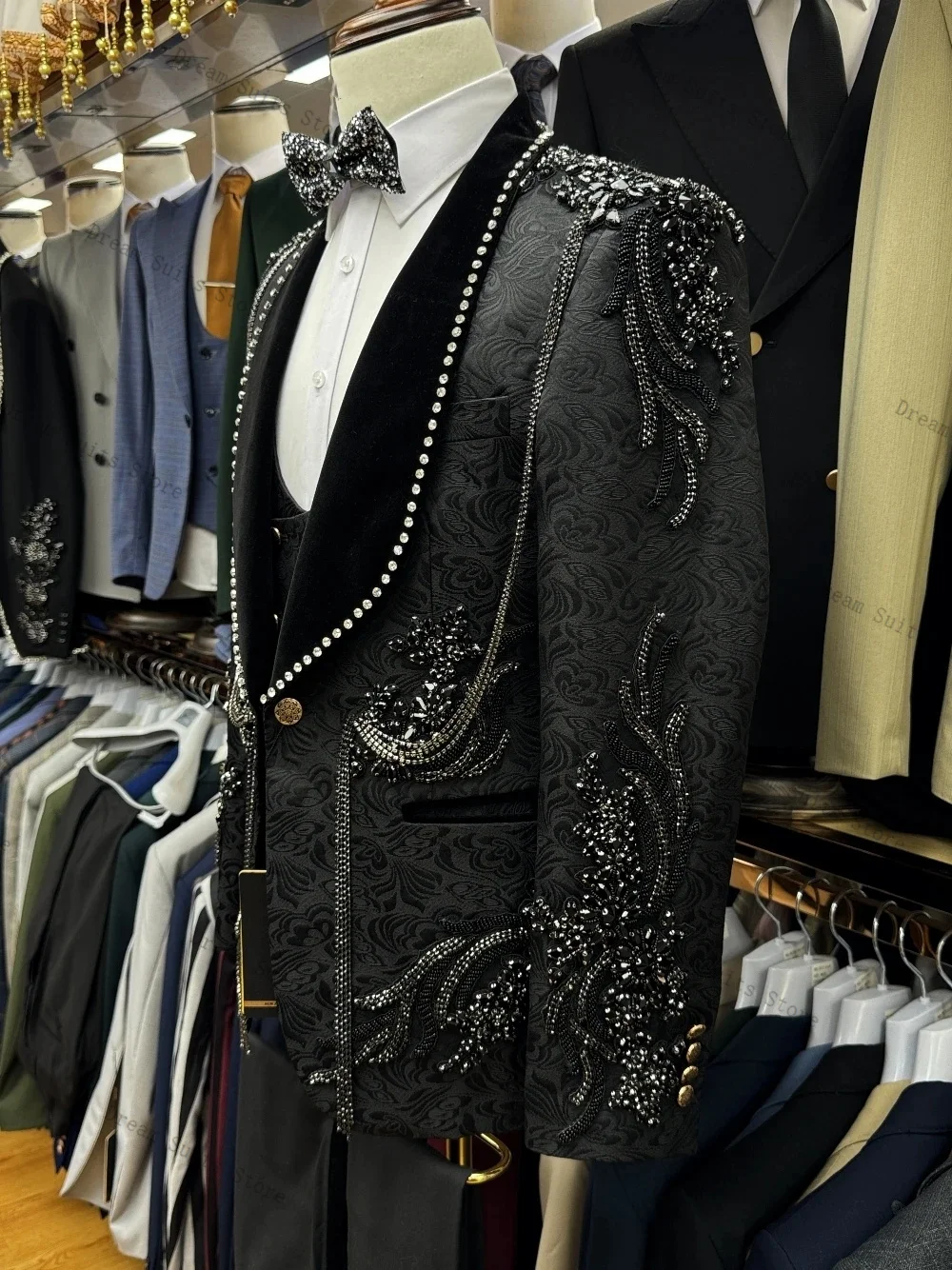 Ensemble de costume 2 pièces en cristal Jacquard noir pour hommes, Blazer + pantalon, veste de bureau formelle personnalisée, Tuxedos de mariage pour marié, manteau de bal