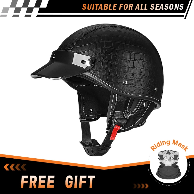 Leather Motorcycle Half Helmets DOT Low Profile Open Half Helmet Men Women Electronic Scooter Cruiser Moped Pilot Half Face Helm