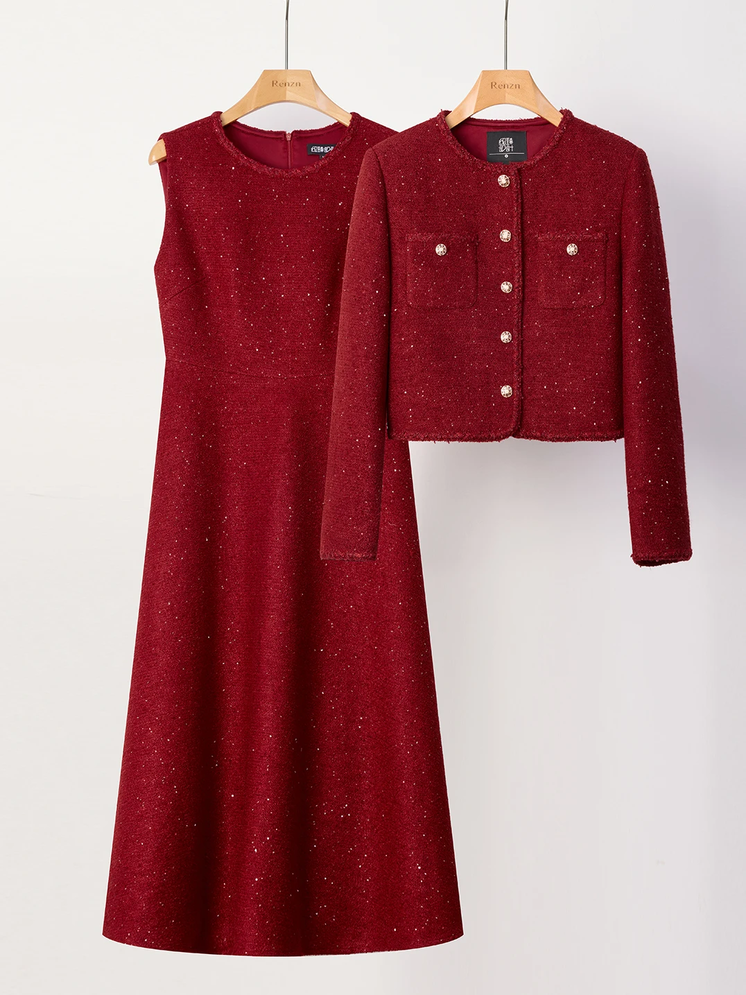 Red Woolen Wedding Dress Set Elegant Engagement Ceremony Dress High Waist Short Length Button up Design Fashionable Women's O...