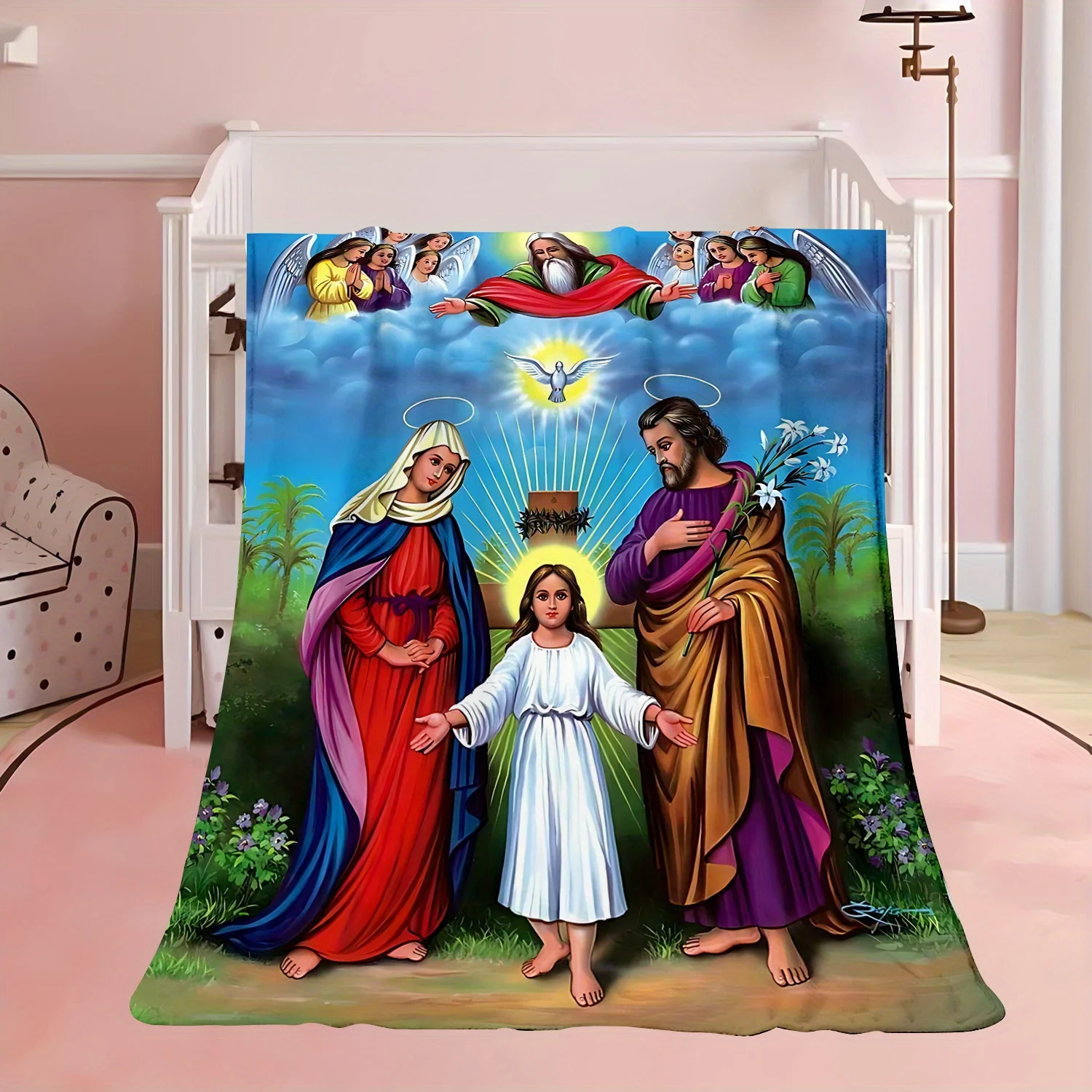 Rustic Inspirational Bible Blanket with Jesus Christ and Virgin Mary Design, Soft Comfortable Throw for Men & Women, Faith Easte