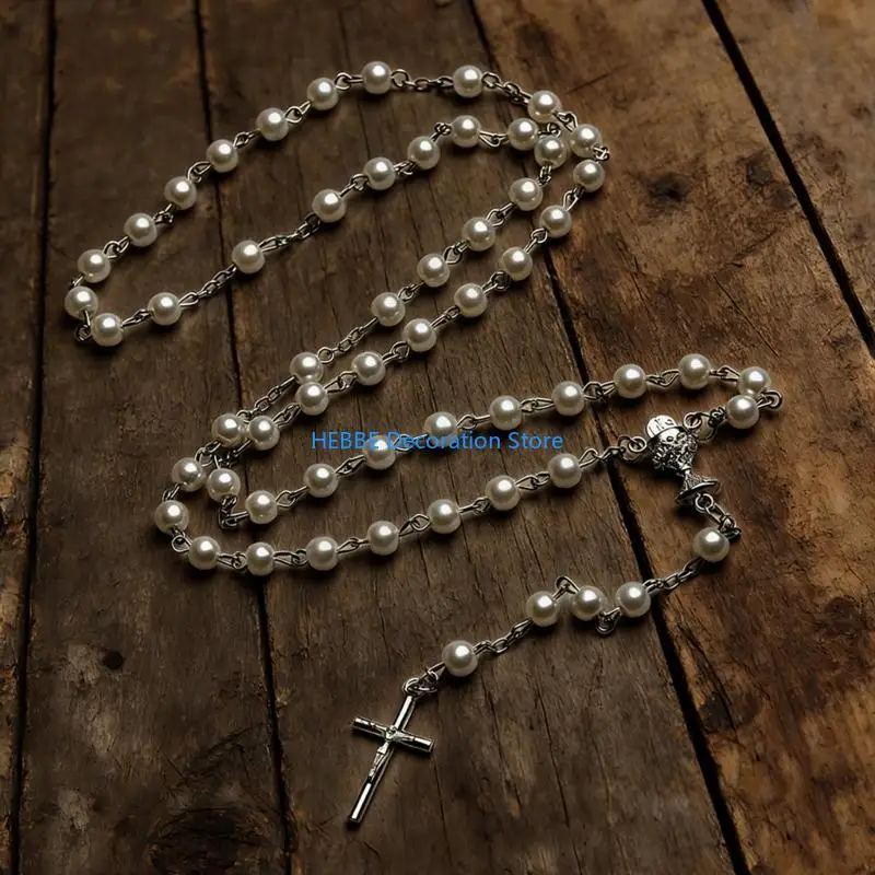 B0KC Rosary Catholic Glass Pearls Beads Necklace with Chalice Crosses Crucifix for Men,Women Gift First Communion Rosary