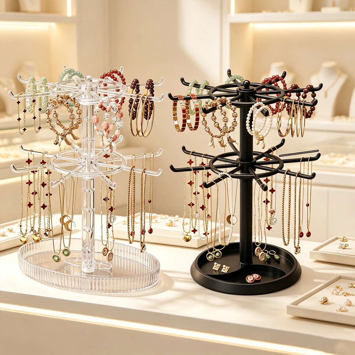 2pcs Rotatable Adjustable Portable 2-Layer/3-Layer Jewelry Display Rack Detachable Oval/Circular Necklace Bracelet Storage Rack