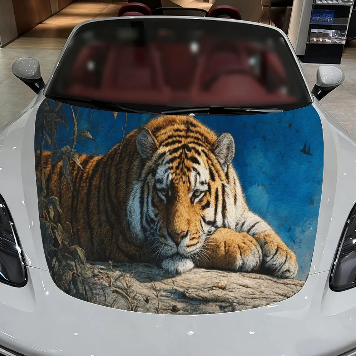 

Powerful Blue Lying Tiger Car Hood Stickers - Self-Adhesive, Waterproof and Durable Vinyl Wrap, Decorate And Protect Your Car -