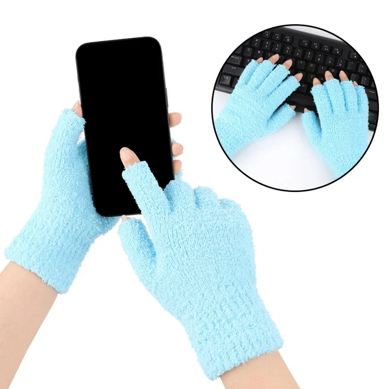 قفازات نصف إصبع من القطيفة للخريف والشتاء، قفازات محبوكة دافئة من الصوف المرجاني