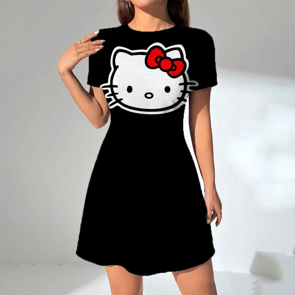 여성 긴 티셔츠 드레스 여름 패션 소녀 헬로 키티 프린트 오버 사이즈 캐주얼 라운드 넥 반팔 미니 티셔츠 드레스 ﻿