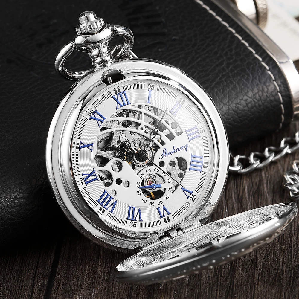 Unique Hand Wind Pocket Watch Pendant Bronze Black Silver Vintage Costume Mechanical Pocket Watches for Men Vest Necklace Watch