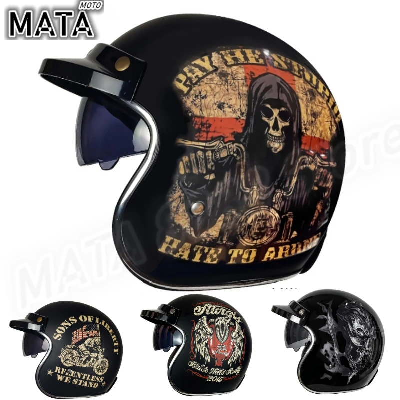 

DOT Skull Pattern Carbon Fiber 3/4 Motorcycle Scooter Jet Open Face Helmet Retro Motobike Half Helmet with Inner Visor