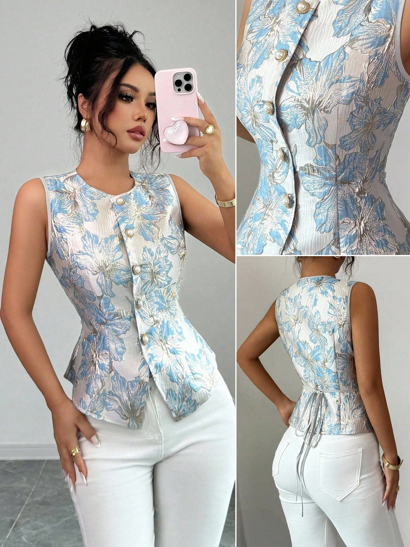 2026 New Women Blue Jacquard Floral Vest Sleeveless Round Neck Pearl Button Cinched Waist Elegant Office Party Slim Fit Blouse