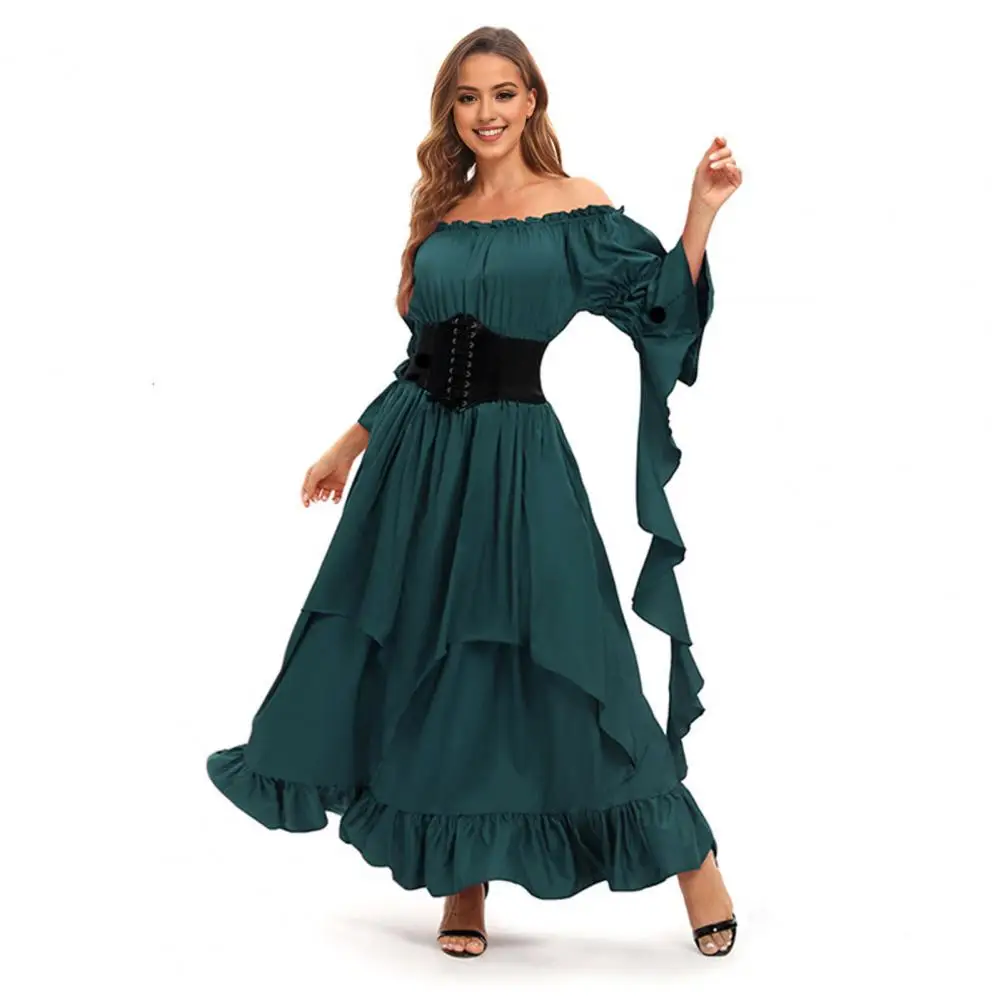 

Women Costume Elegant Vintage Pirate Ball Gown with Off Shoulder Bell Sleeves Irregular Hem for Halloween Renaissance Fairs