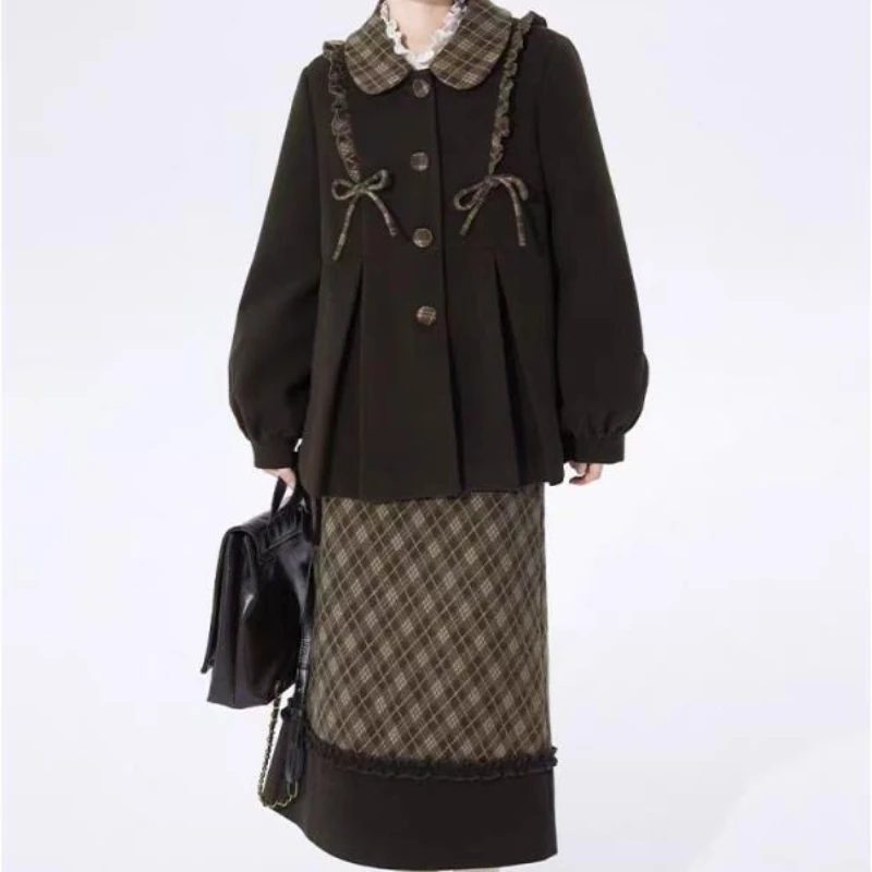 

Ranged Spliced Woolen Coat Women's Autumn Padded Short Retro Lace-up Jacket