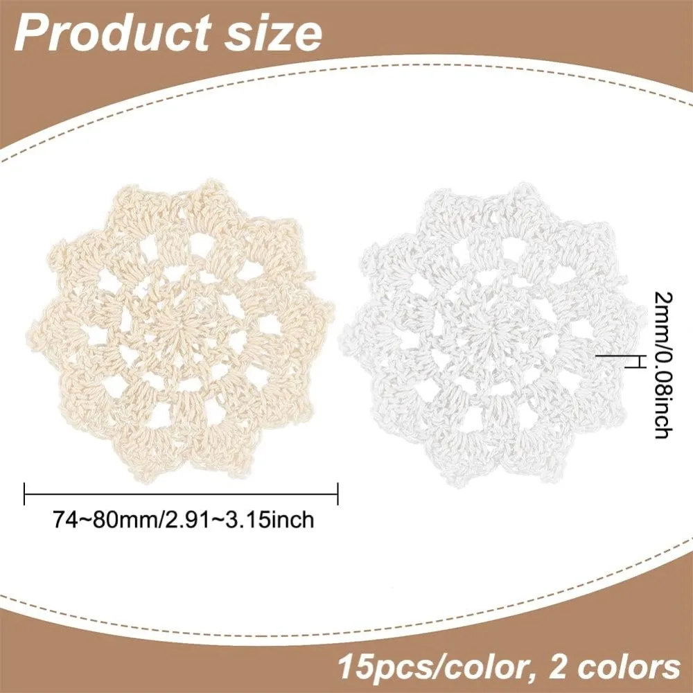 30PCS Hand Crochet Lace Doilies (White & Beige, 2.9~3.2 inch) Round Lace Flower Petal Doilies Small Crochet Cotton Coasters