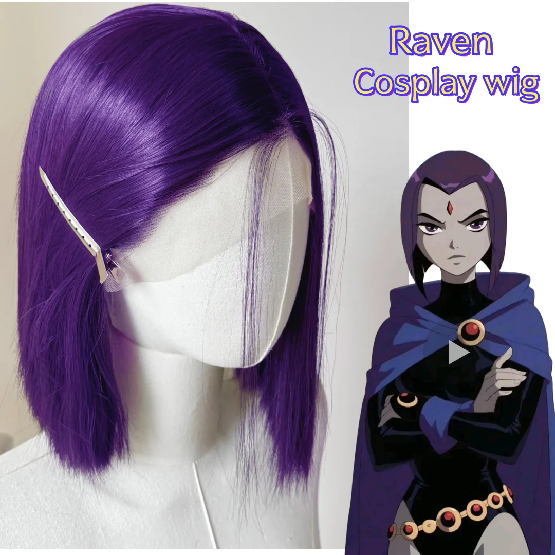 Starfire Cosplay Pruik Raven Korte Paarse Kant Voor Pruiken Rechte 12 inch 13x4 HD Kant Frontale Natuur uitziende Haar Hallowmas