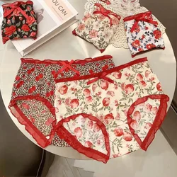 3PCS/Lot  Women Underwears Soft and Breathable Ancola Red High Stretch Ice Silk Print Plus Size Panties Sets Lady's Underpants