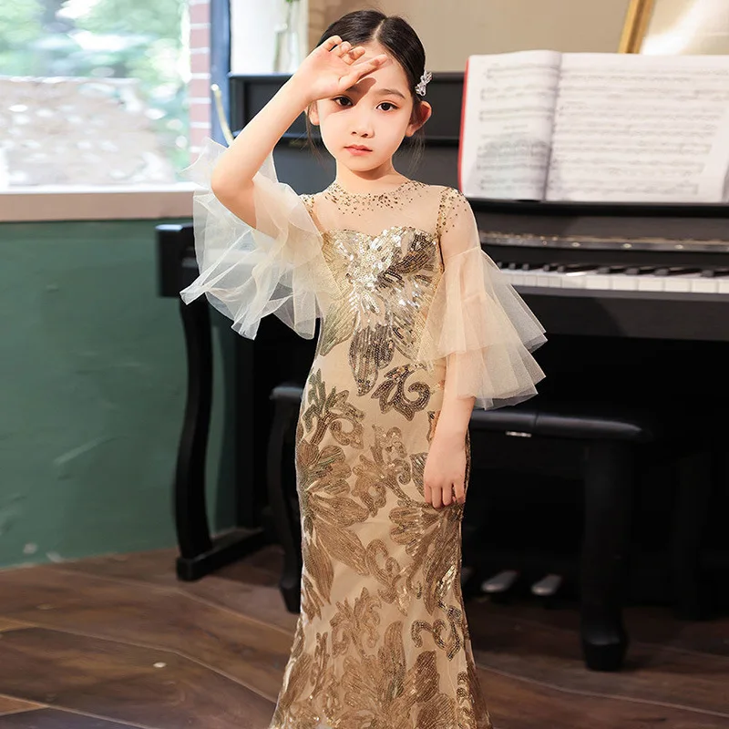 Robes longues de luxe pour filles, olympiques à paillettes dorées, robe de Rhélégante, coupe couvertes, fête formelle, banquet d'anniversaire pour enfants, mode