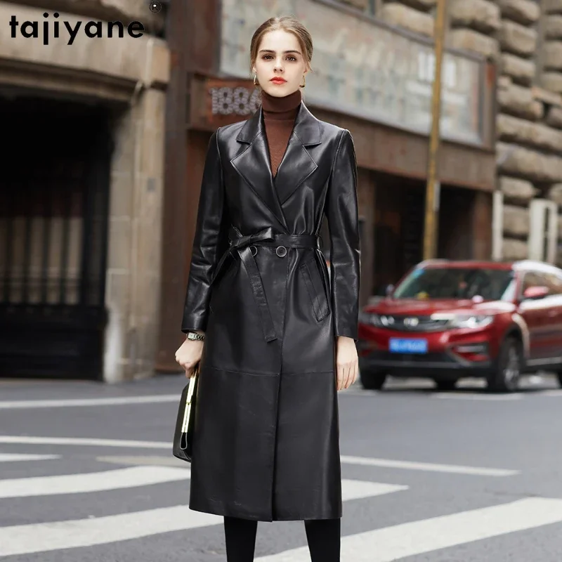 

Tajiyane New 100% Real Sheepskin Womens Leather Jacket Designer Long Leather Jackets for Women 2023 Elegant Windbreakder Coat