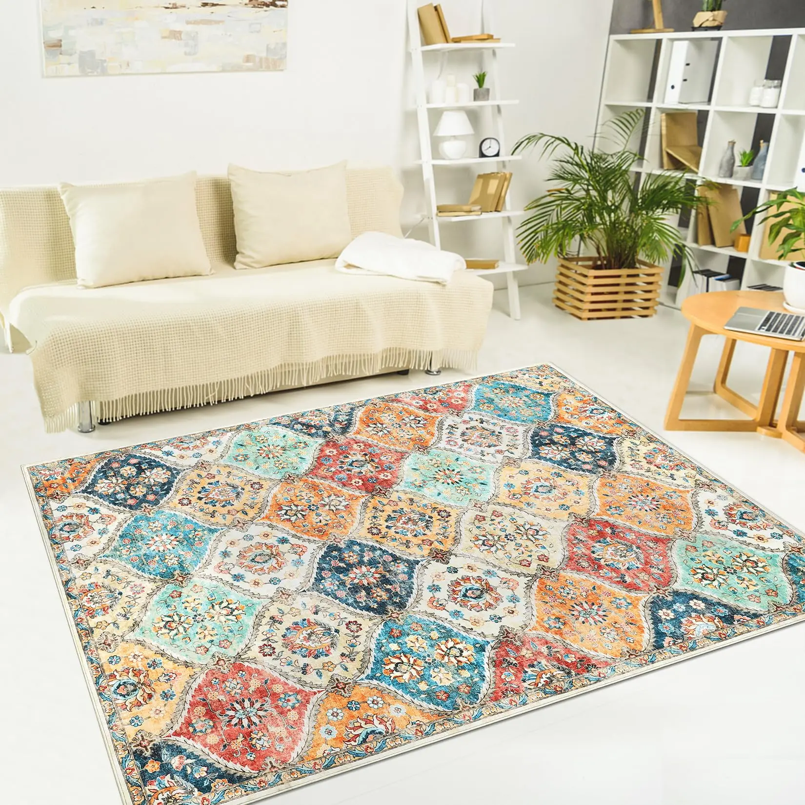 Washable 5x7 Orange Area Rug, Vintage Distressed Colorful Rug, Non-Slip Stain Resistant Area Rug for Living Room Bedroom Dining Room