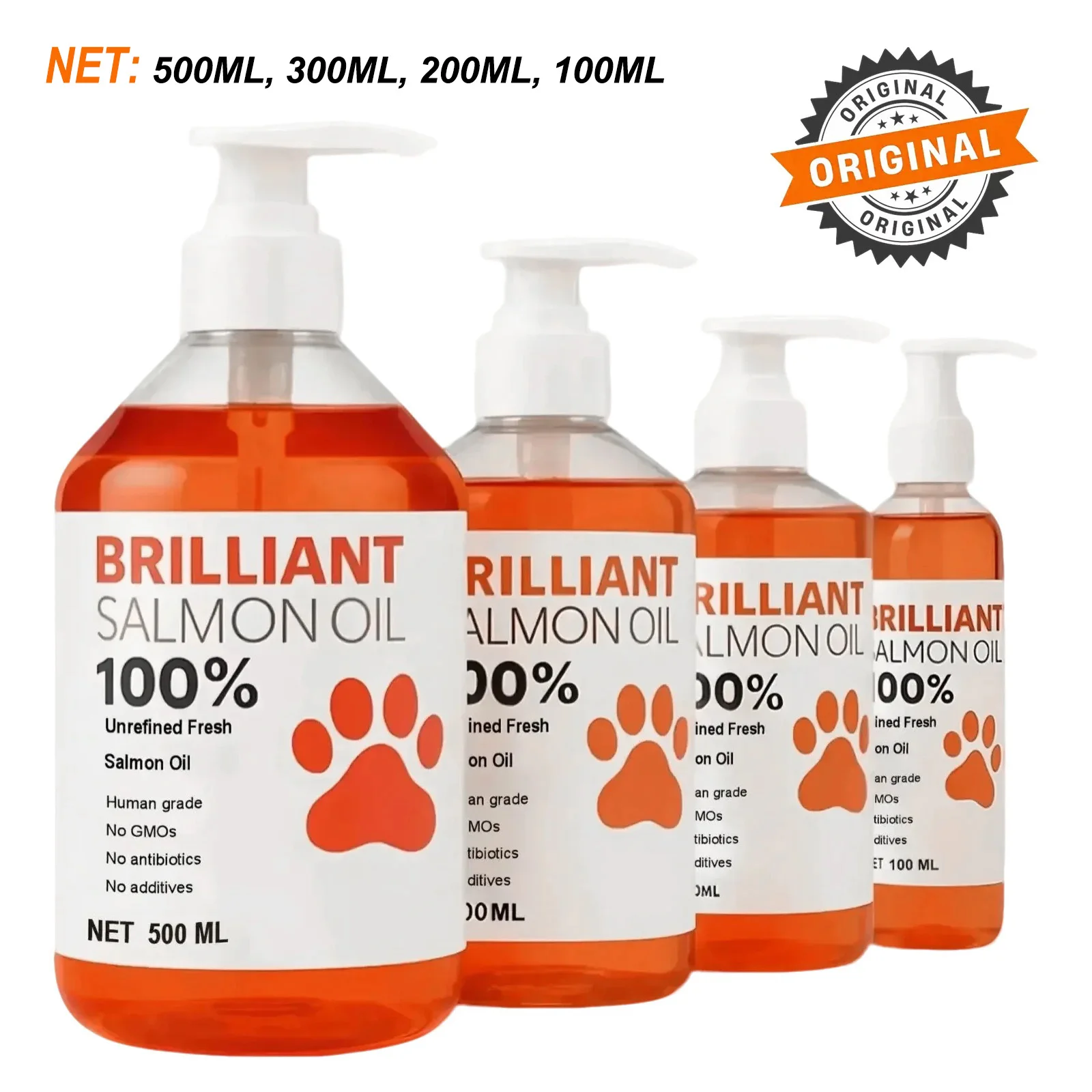 Menschliches Lachsöl (500 ml, 300 ml, 200 ml, 100 ml) für Hunde und Katzen. Omega 3-Fettsäuren-Ergänzungsmittel für optimale Gesundheit und Ernährung
