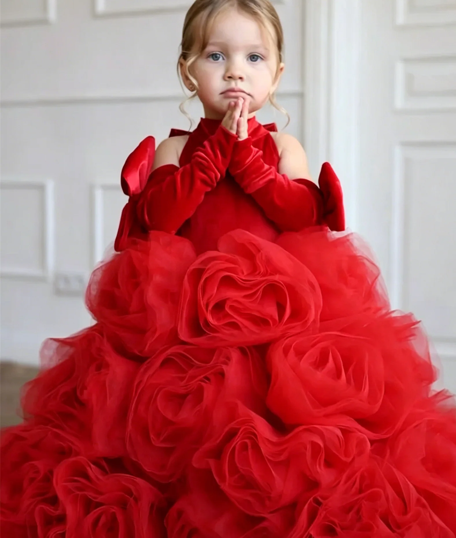 Princess Red Flower Girl Dress for Wedding Halter with Bows Floor Lenght Infant Baptism Gowns First Communion Gowns Custom