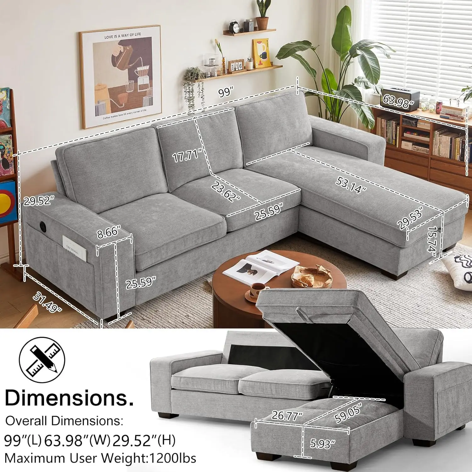 99“ Convertible Sectional Sofa,L Shaped Couch,Multi-Functional Reversible  with USB and Type-C Charging Ports