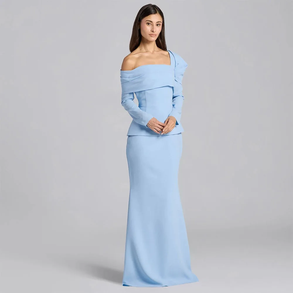 

Elegant Sky Blue One Shoulder Evening Dress for Women Saudi Long Sleeves Jersey Straight Formal Occasion Party Prom Gowns 2026